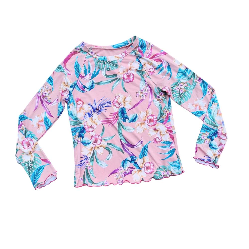 Hobie Teen Girl's Pink Tropical Swim Long Sleeve Rashguard Top Kids Size 16